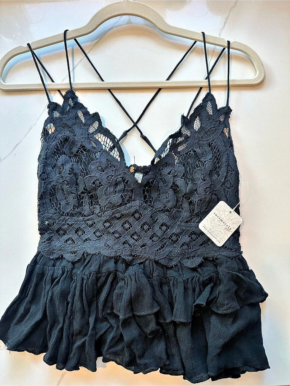 Free People Adella Cami Lace Ruffle Camisole Black Large